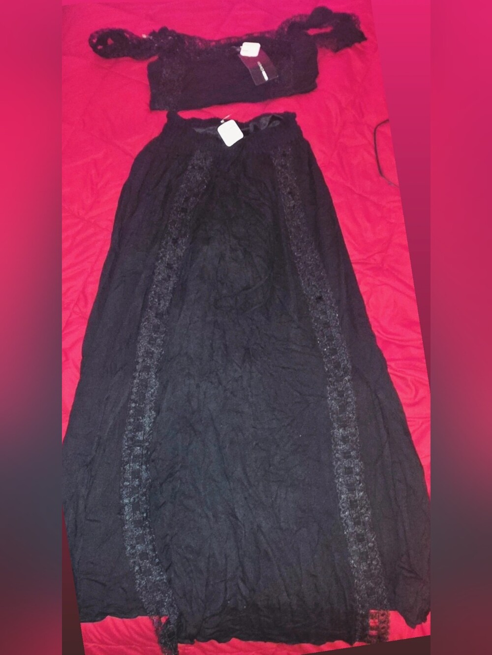 Fashion Nova Black Lace-Panel Maxi Skirt and Crop Top Set